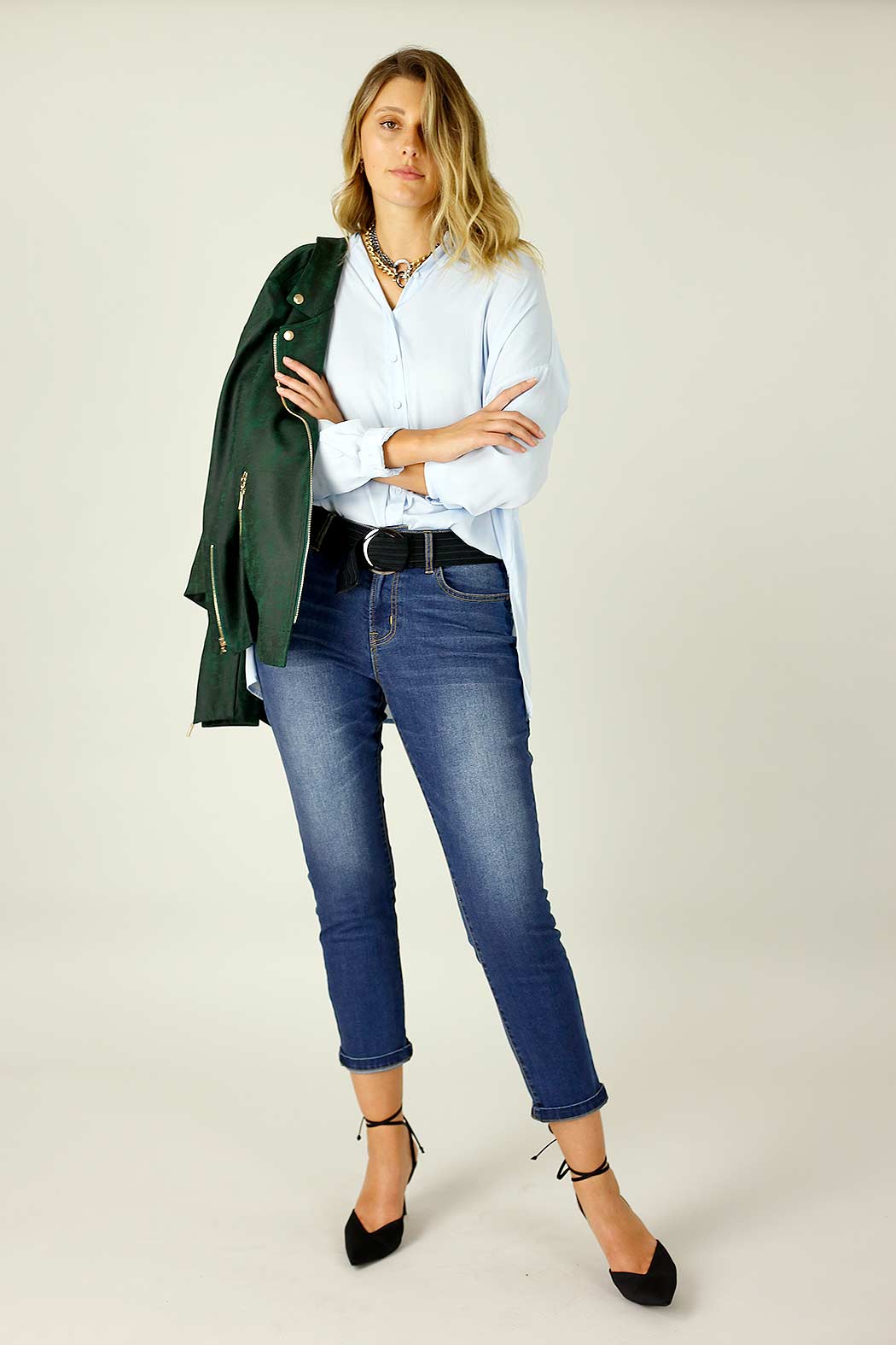 Effortlessly draped pale blue Seta Everyday Shirt, front view with relaxed silhouette, soft texture visible, ready for denim or culottes.