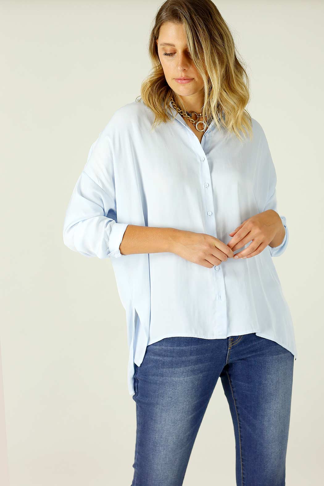 Pale Blue Seta Everyday Shirt shown in a clean, front‑facing view, highlighting its effortless silhouette and soft drape.