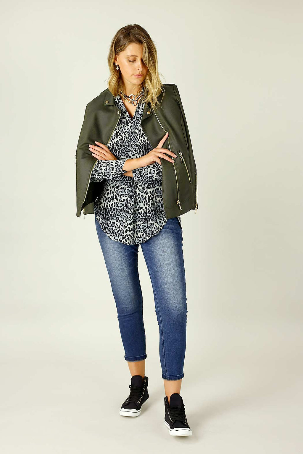 Khaki Leatherette Biker Jacket - SALE