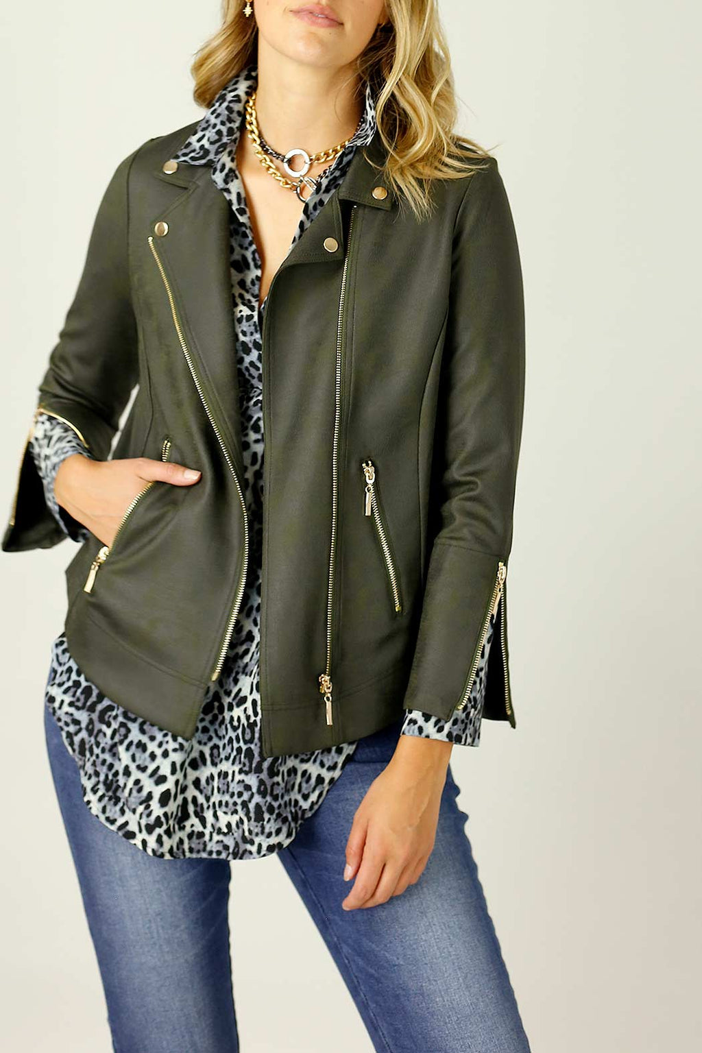 Khaki Leatherette Biker Jacket - SALE