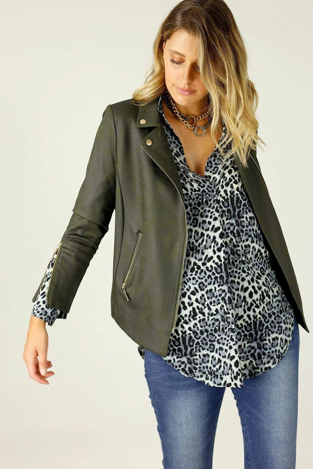 Khaki Leatherette Biker Jacket - SALE