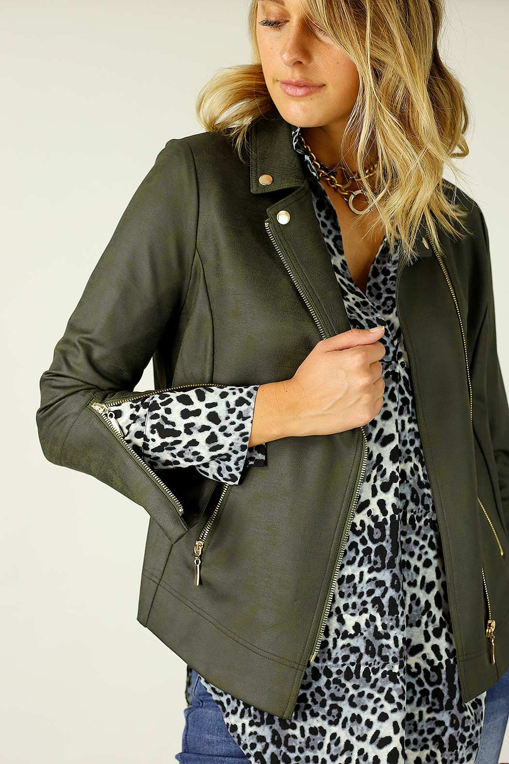 Khaki Leatherette Biker Jacket - SALE
