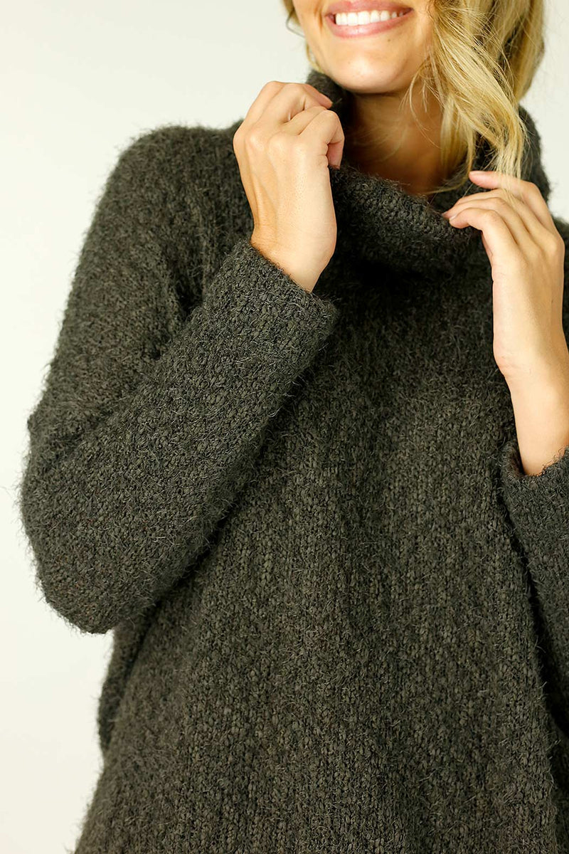 Khaki Fluffy Turtle Neck Jumper - SALE