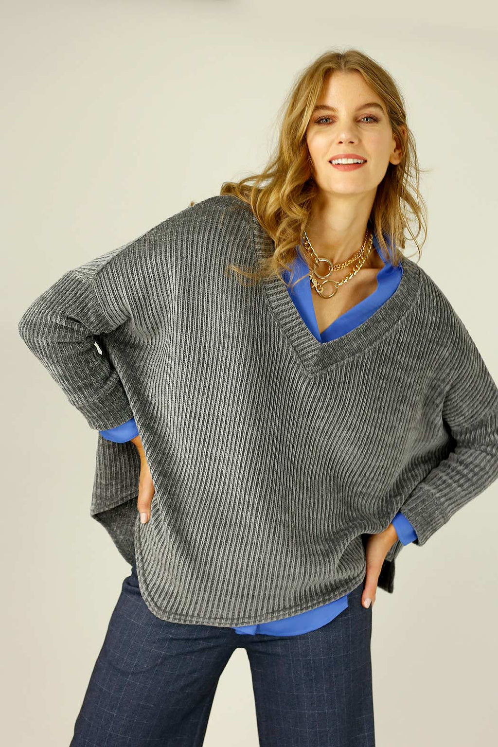 Dark Grey Velour Vee Jumper