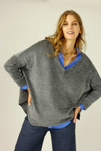 Dark Grey Velour Vee Jumper