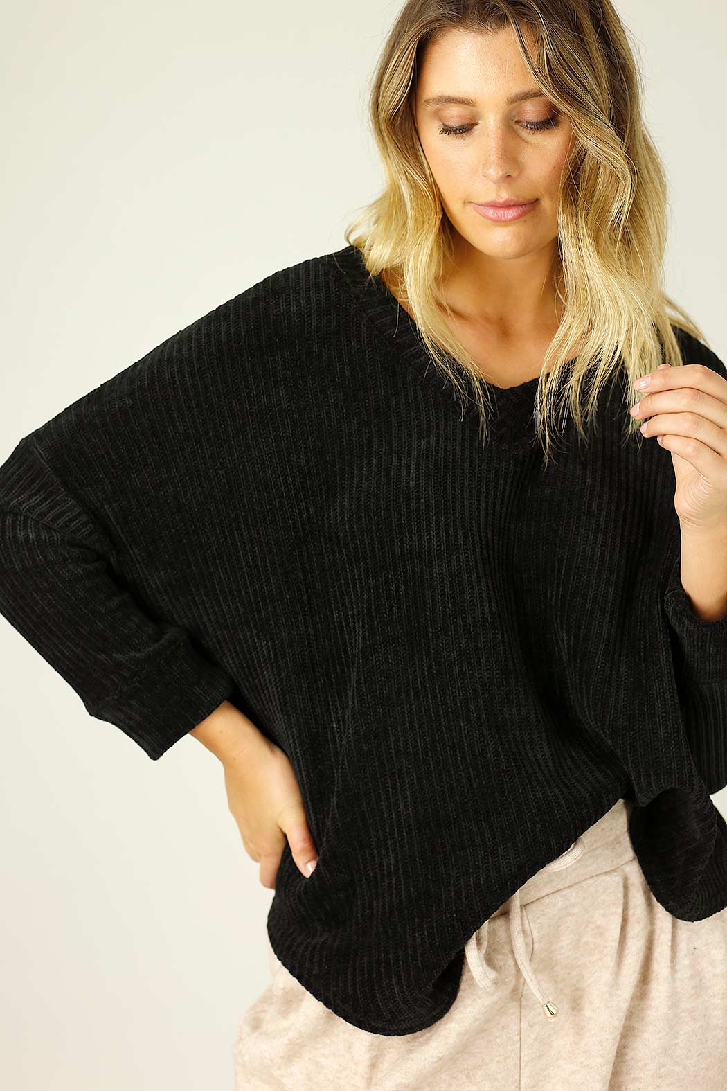 Black Velour Vee Jumper - SALE