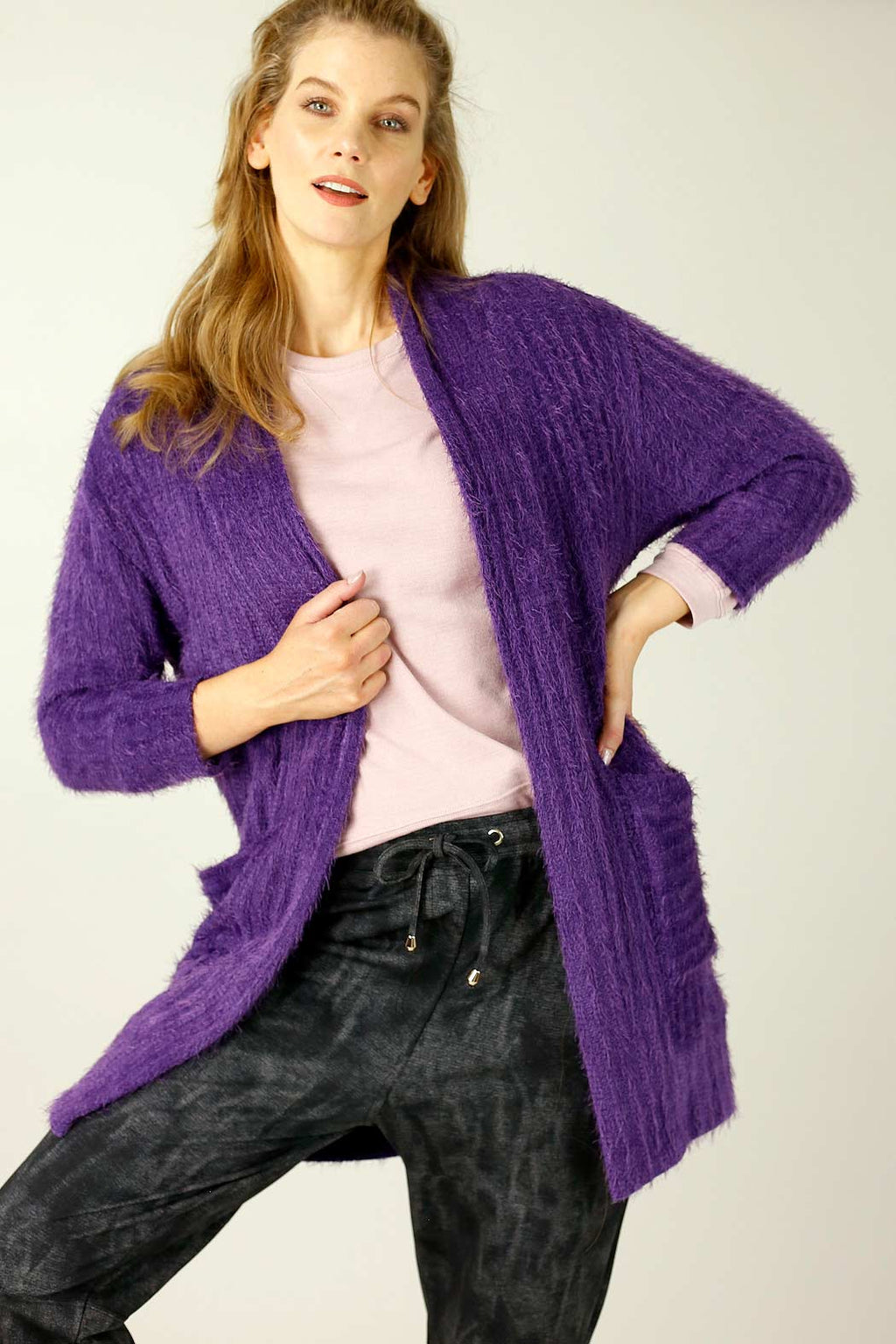Purple Eyelash Knit Relaxed Cardigan