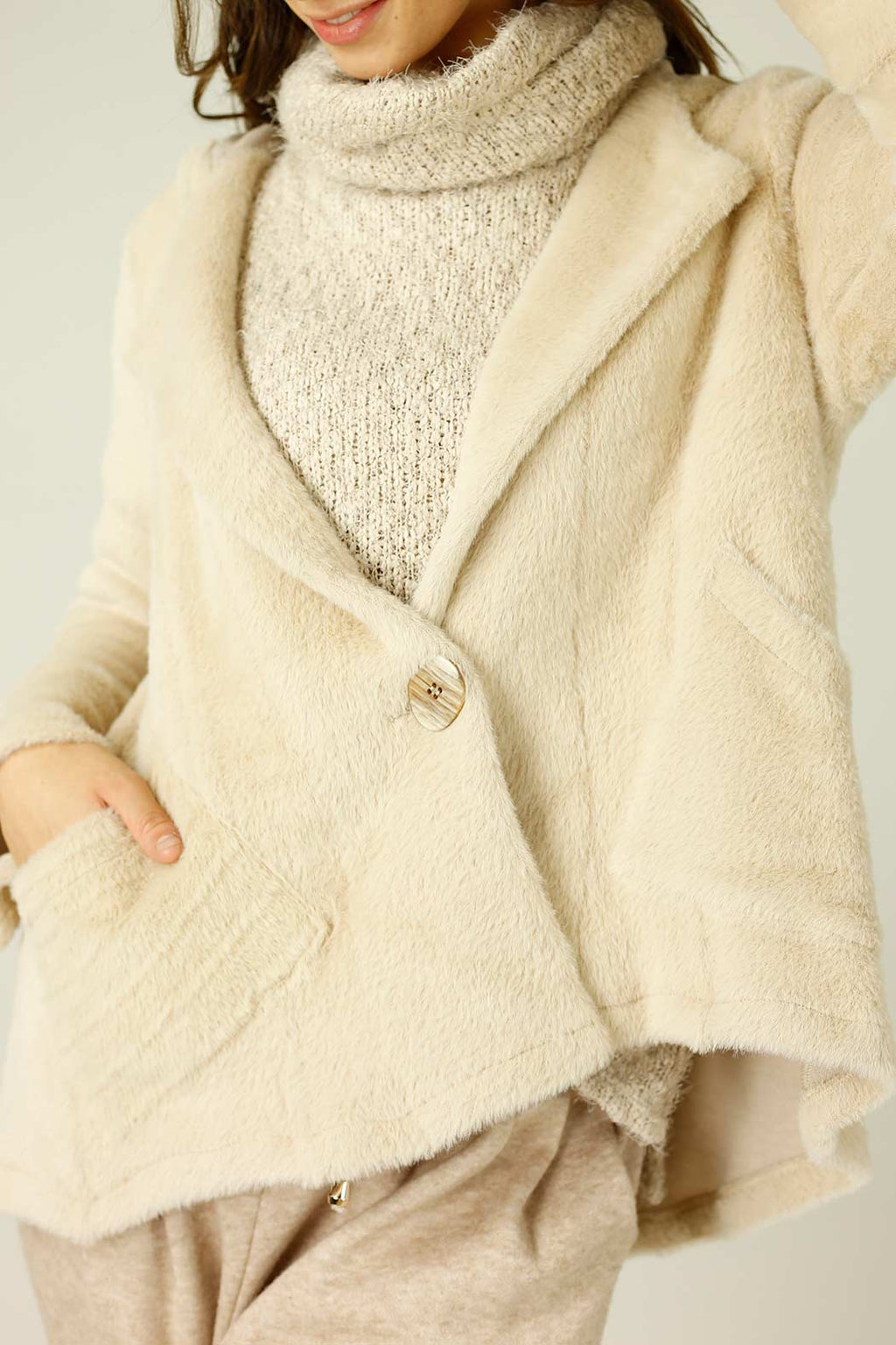 Beige Faux Fur Swing Jacket