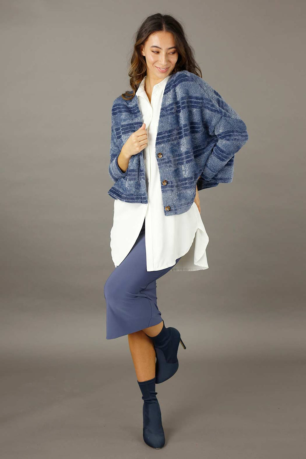 Chambray Fluffy Stripe Wonder Cardigan