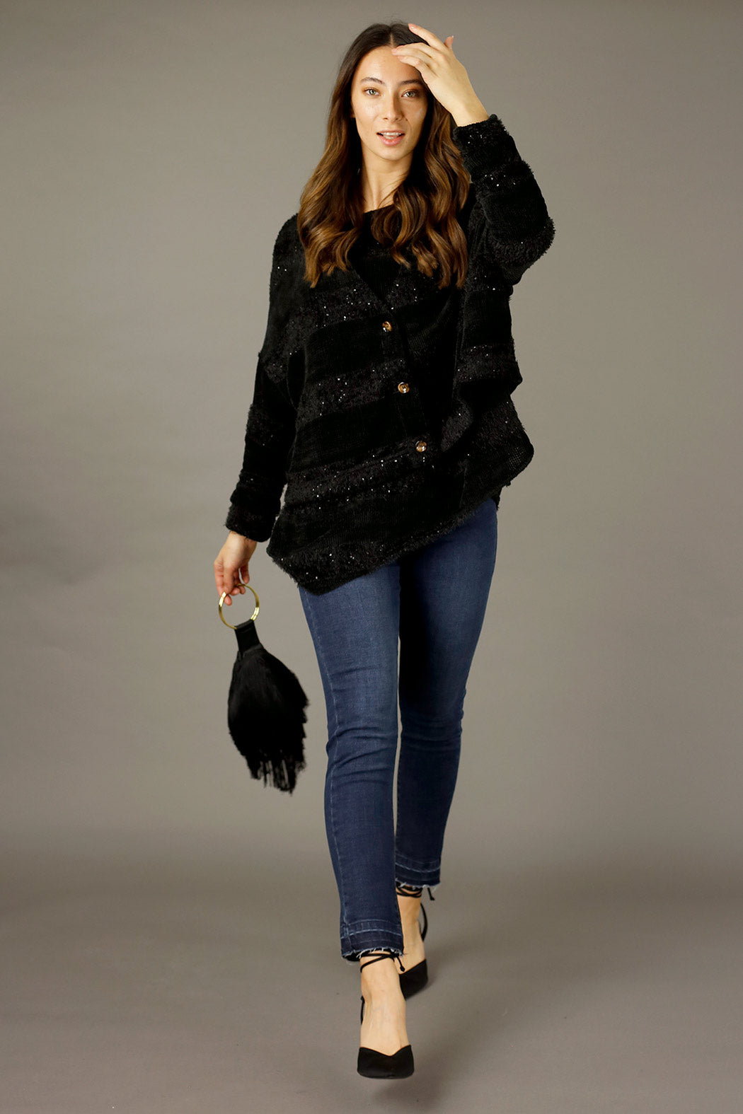 Black Fluffy Stripe Wonder Cardigan