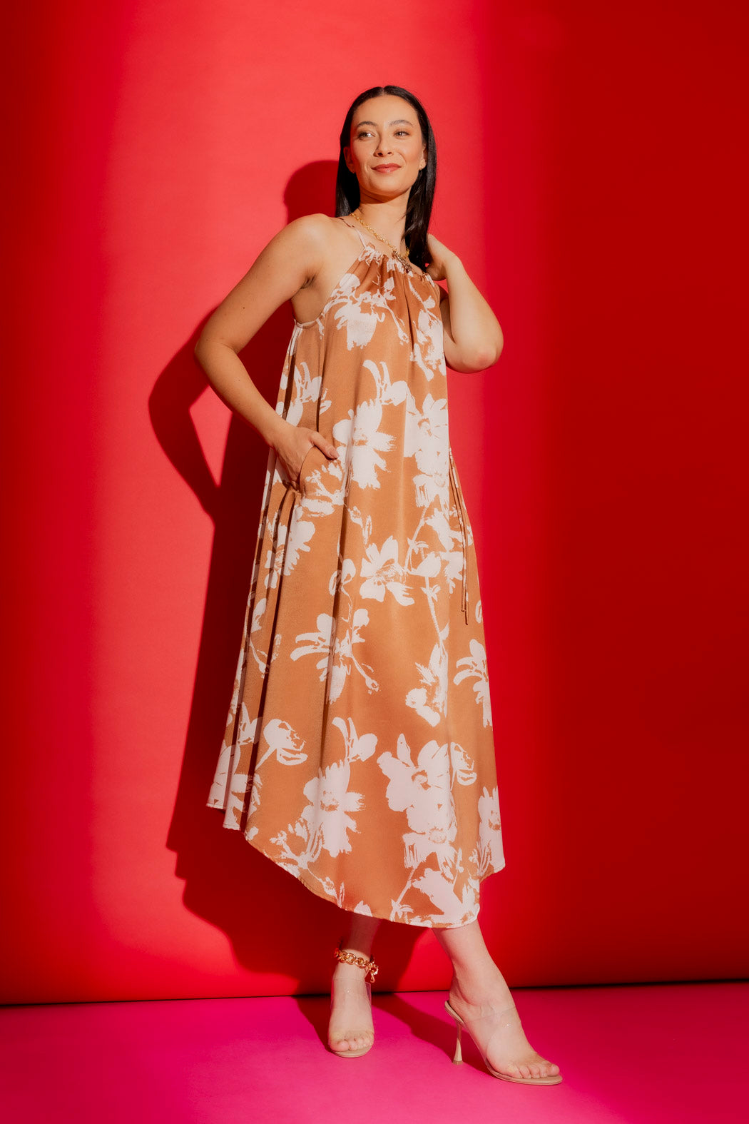 Beige Floral Drawstring Bella Dress Beige Floral