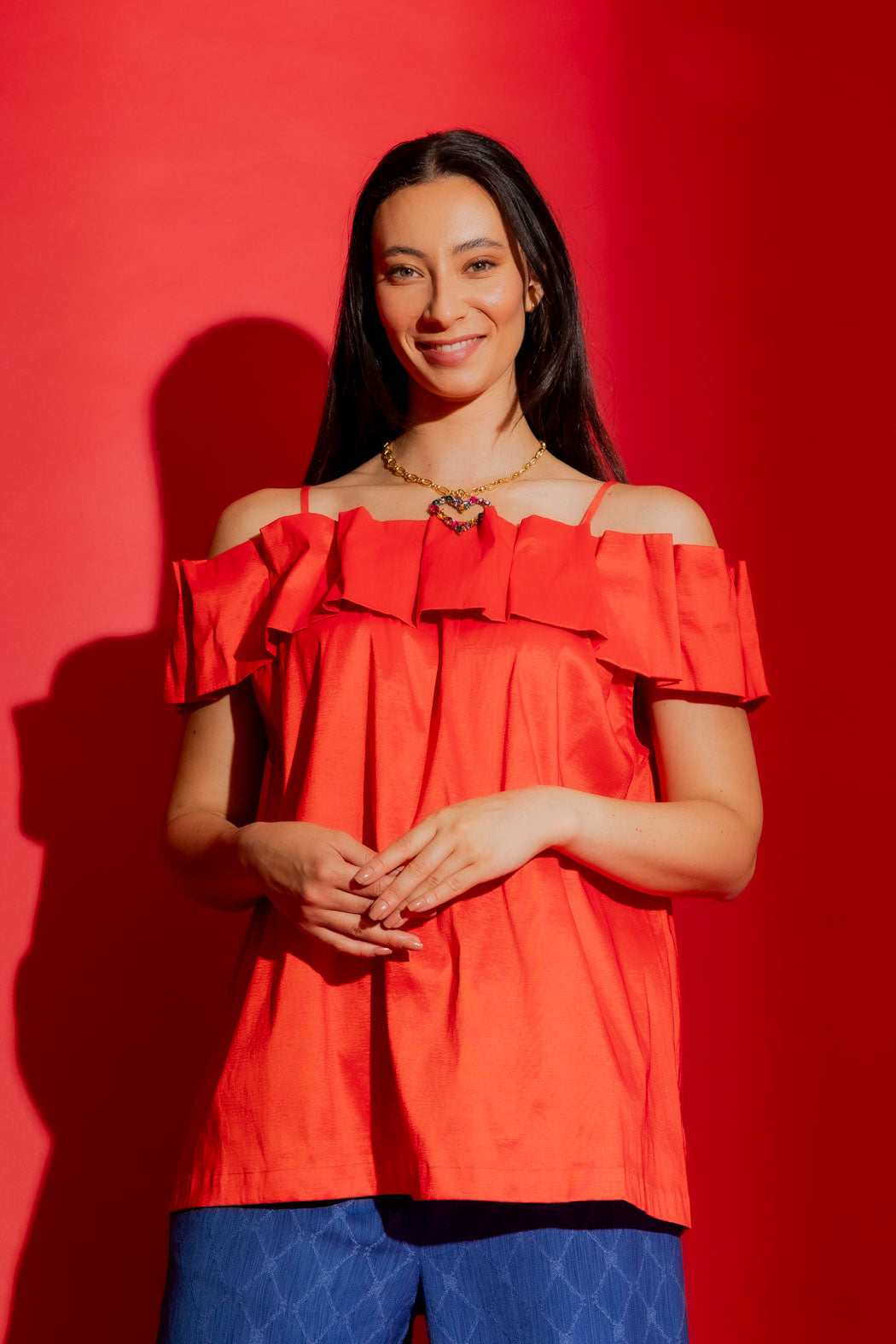 Red Off Shoulder Ruffle Top Tangello