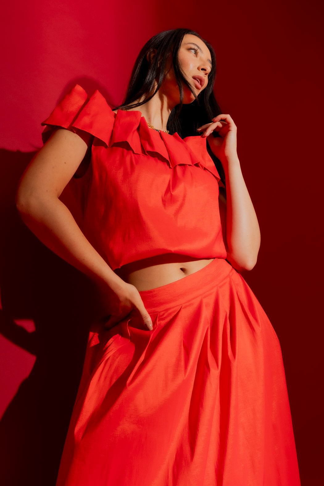 Red Off Shoulder Ruffle Top Tangello