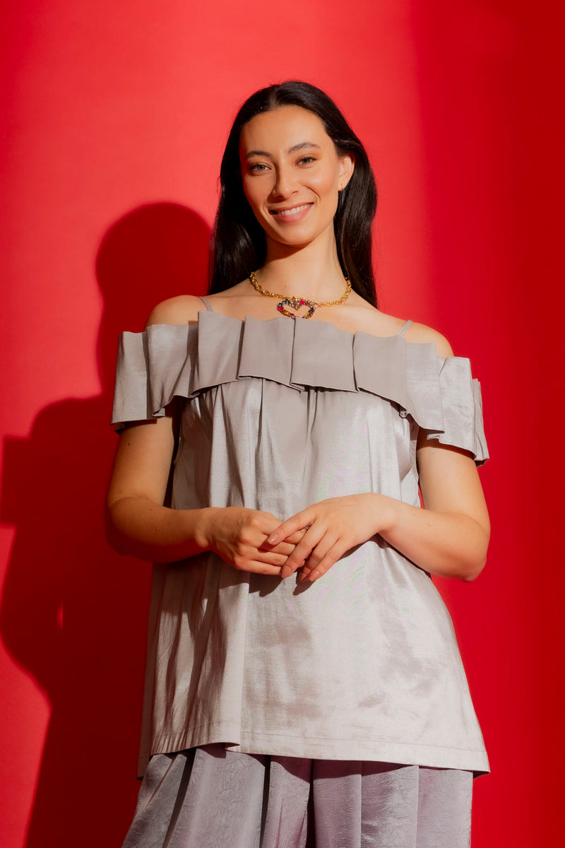 Silver Off Shoulder Ruffle Top