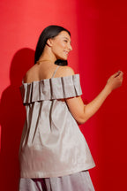 Silver Off Shoulder Ruffle Top