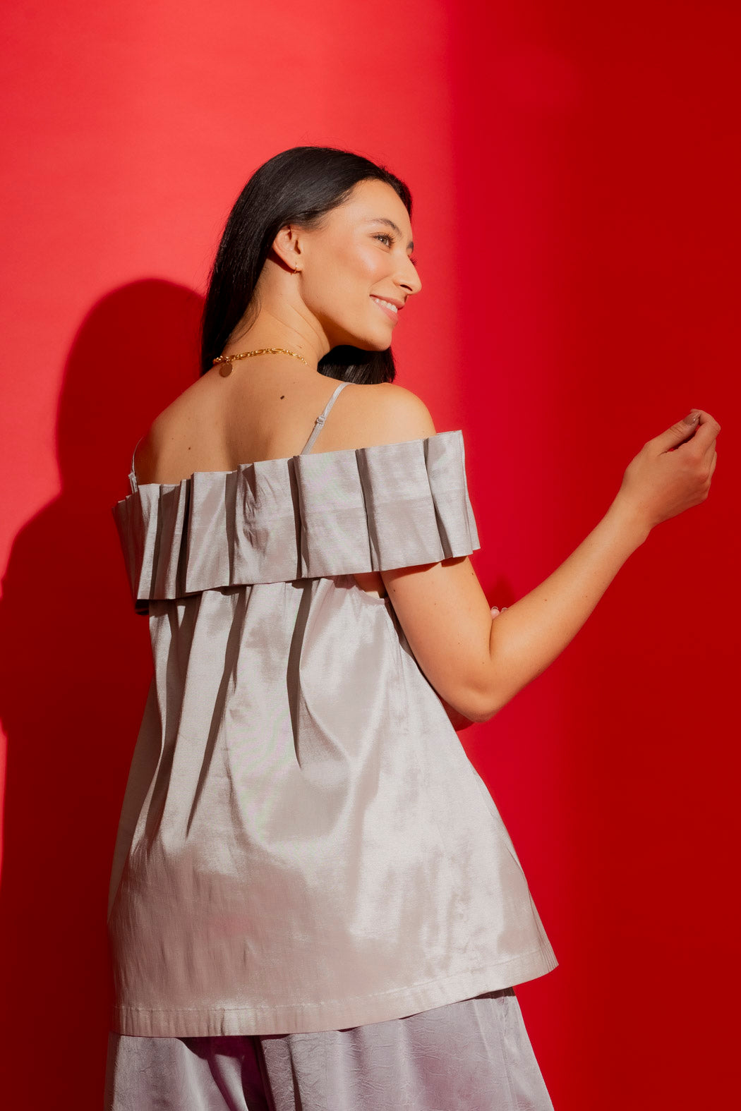 Silver Off Shoulder Ruffle Top