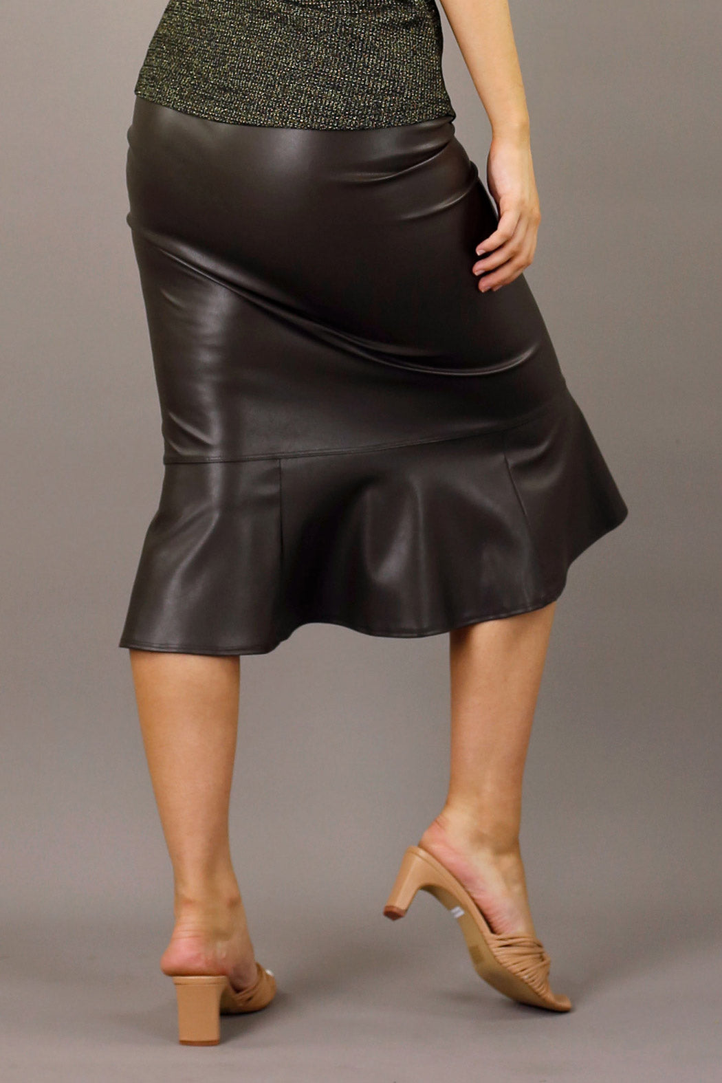 Dark Khaki Vegan Leather Flounce Skirt -FINAL SALE