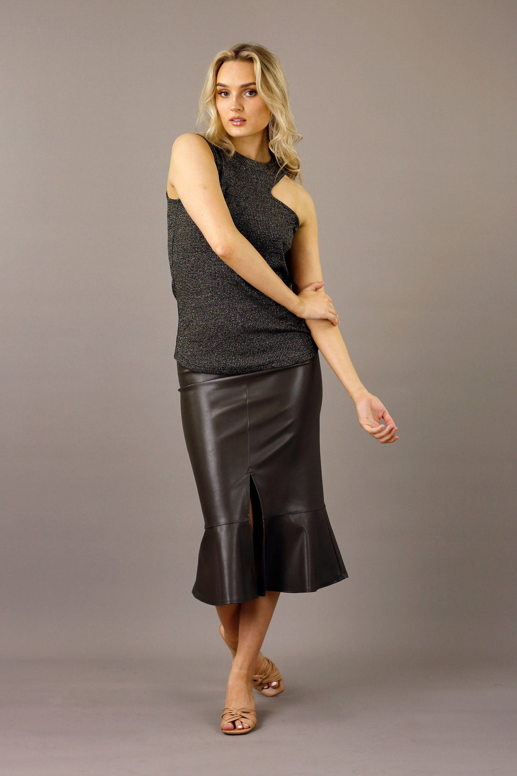 Dark Khaki Vegan Leather Flounce Skirt -FINAL SALE
