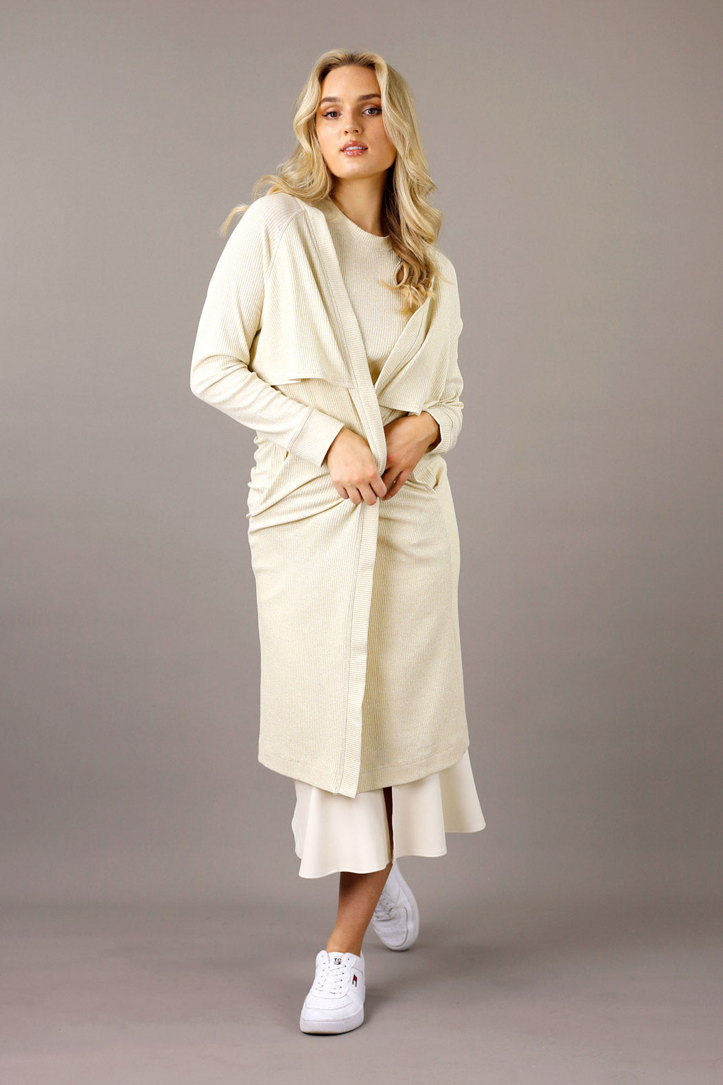 Pale Gold Lurex Rib Trench Cardi - SALE