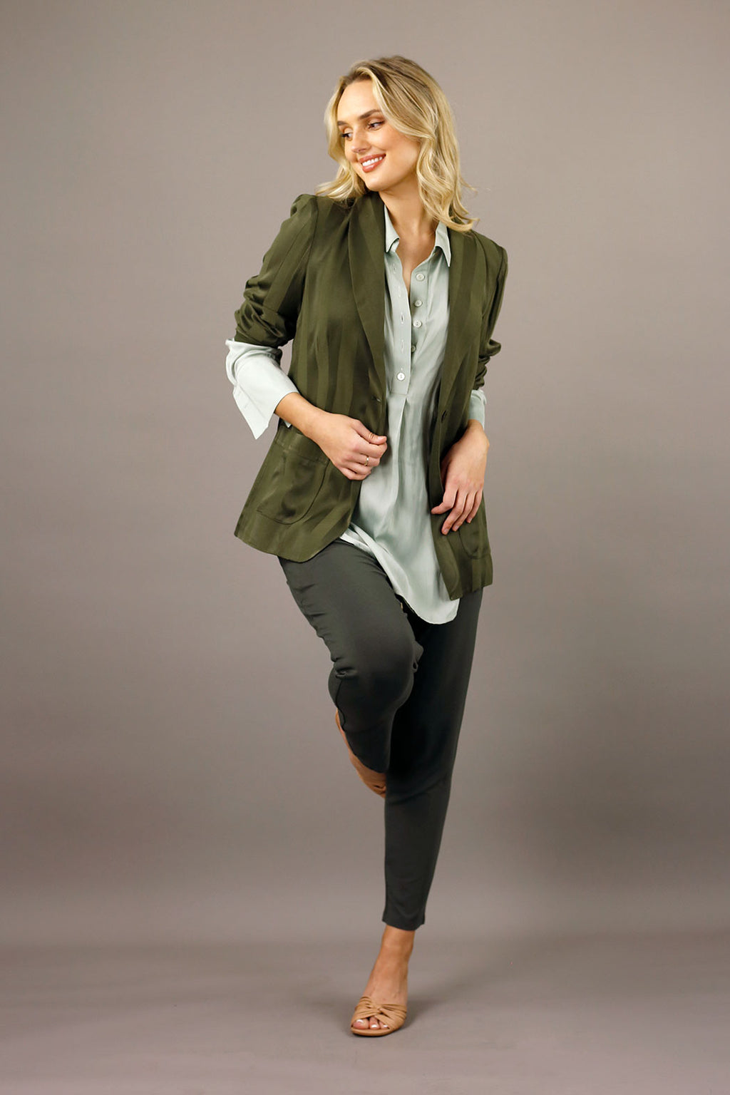 Khaki Satin Stripe Shawl Blazer - SALE