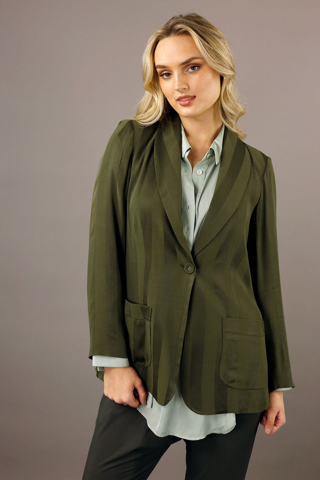 Khaki Satin Stripe Shawl Blazer - SALE