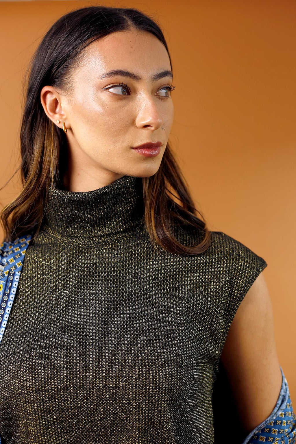 Black/Gold Lurex High Neck Top - SALE