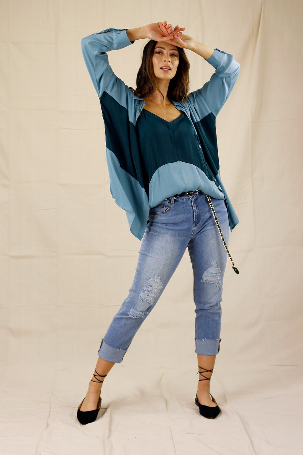 Teal Soft Touch Splice Shirt - SALE