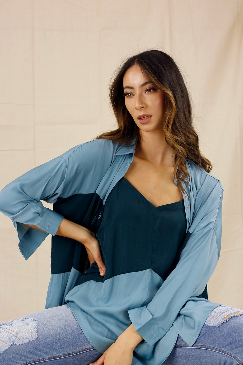 Teal Soft Touch Splice Shirt - SALE