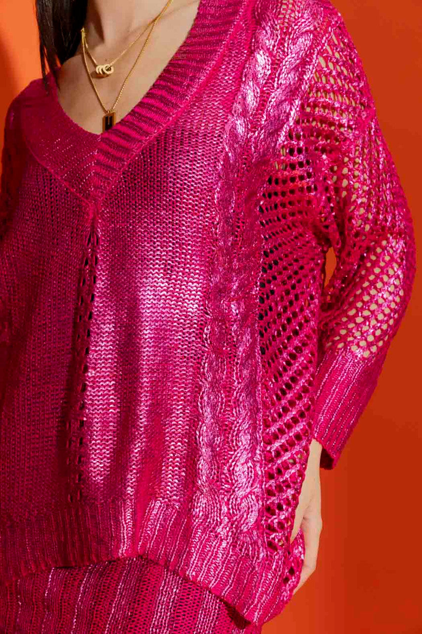 Pink Crochet Foil V Neck Jumper