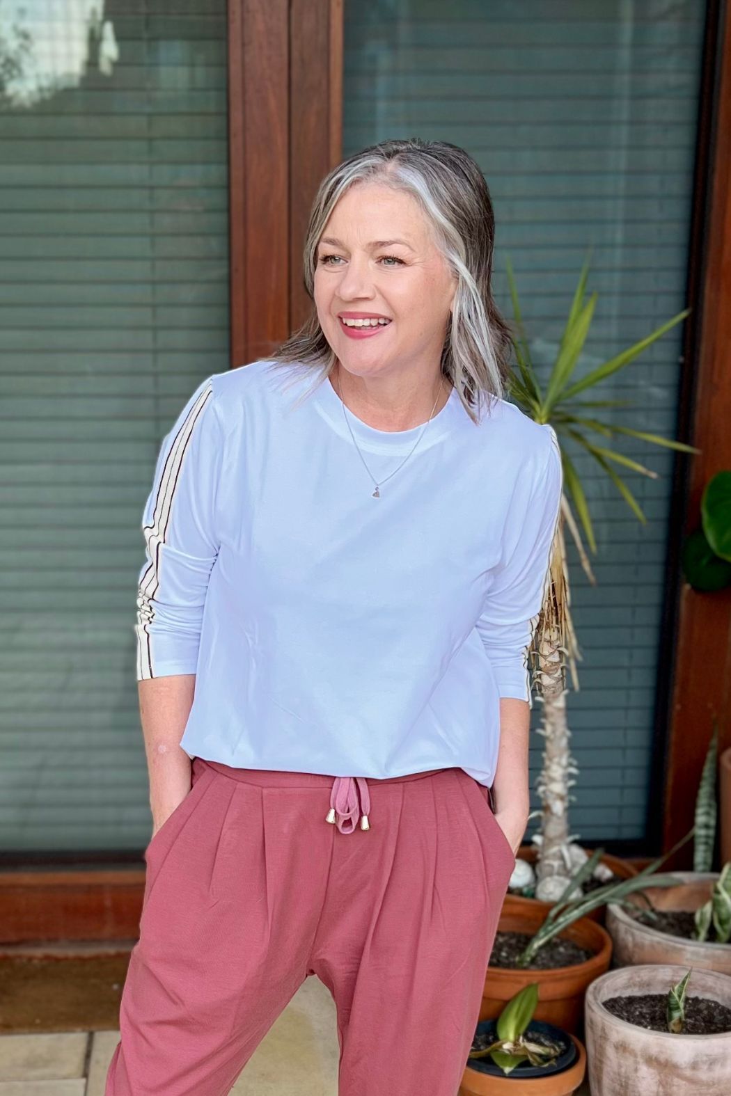 Pink Stripe Sleeve T-Shirt