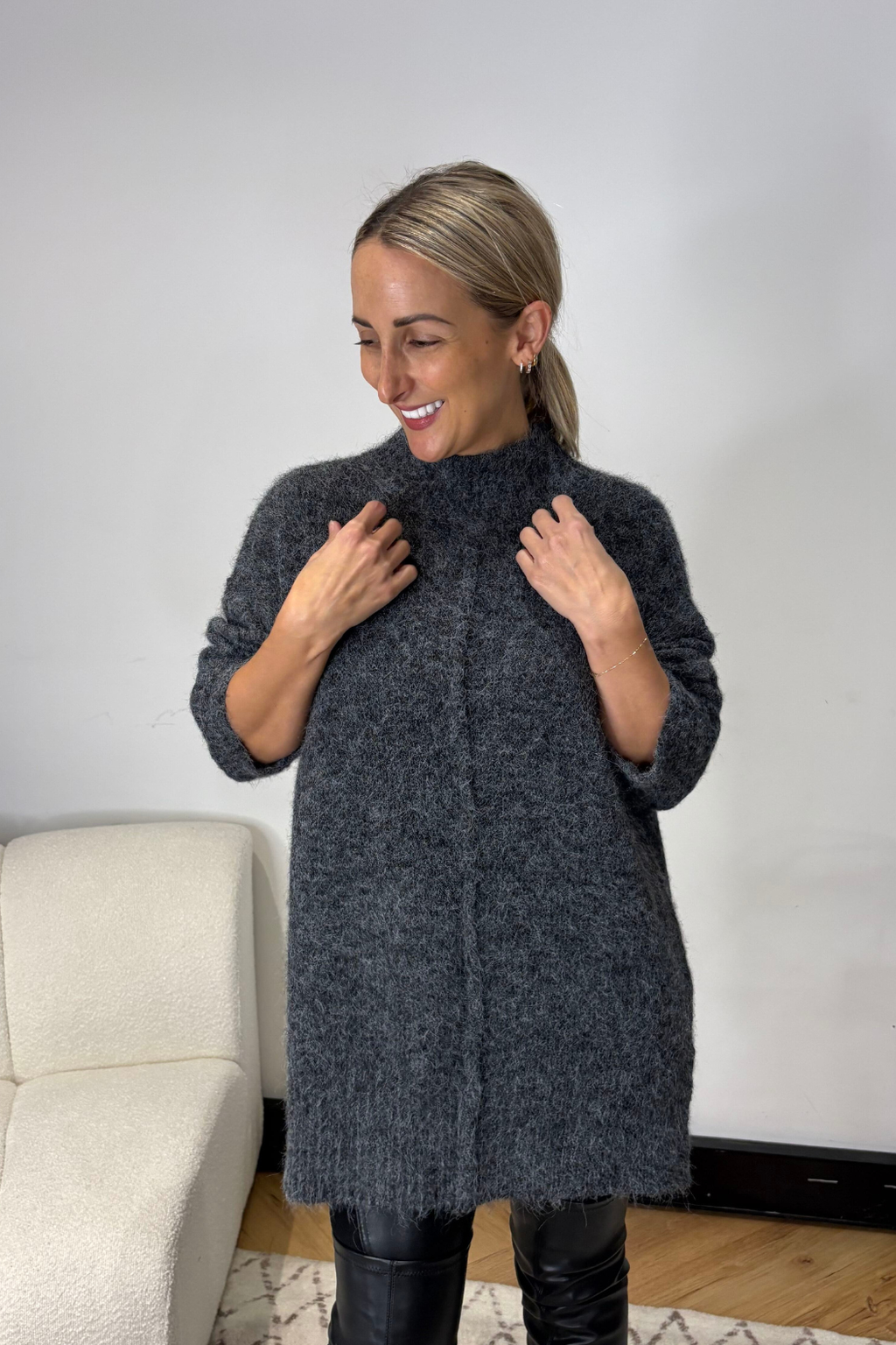 Charcoal Fluffy Front Seam Tunic