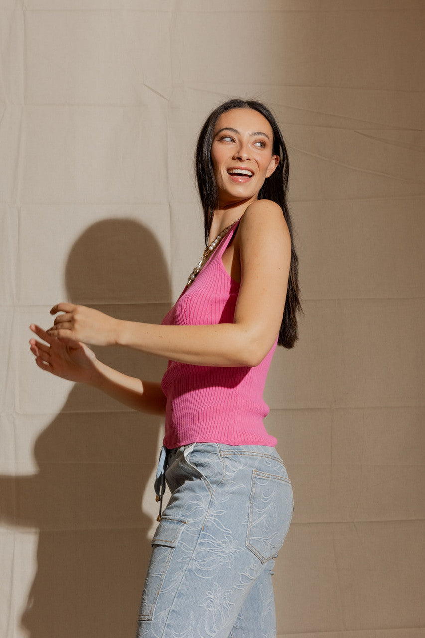 Pink Ribbed V Neck Cami