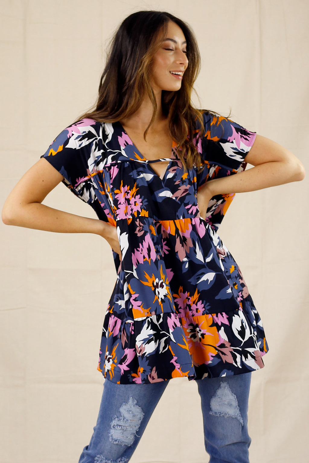 Neon Floral Seta Tiered Top - SALE