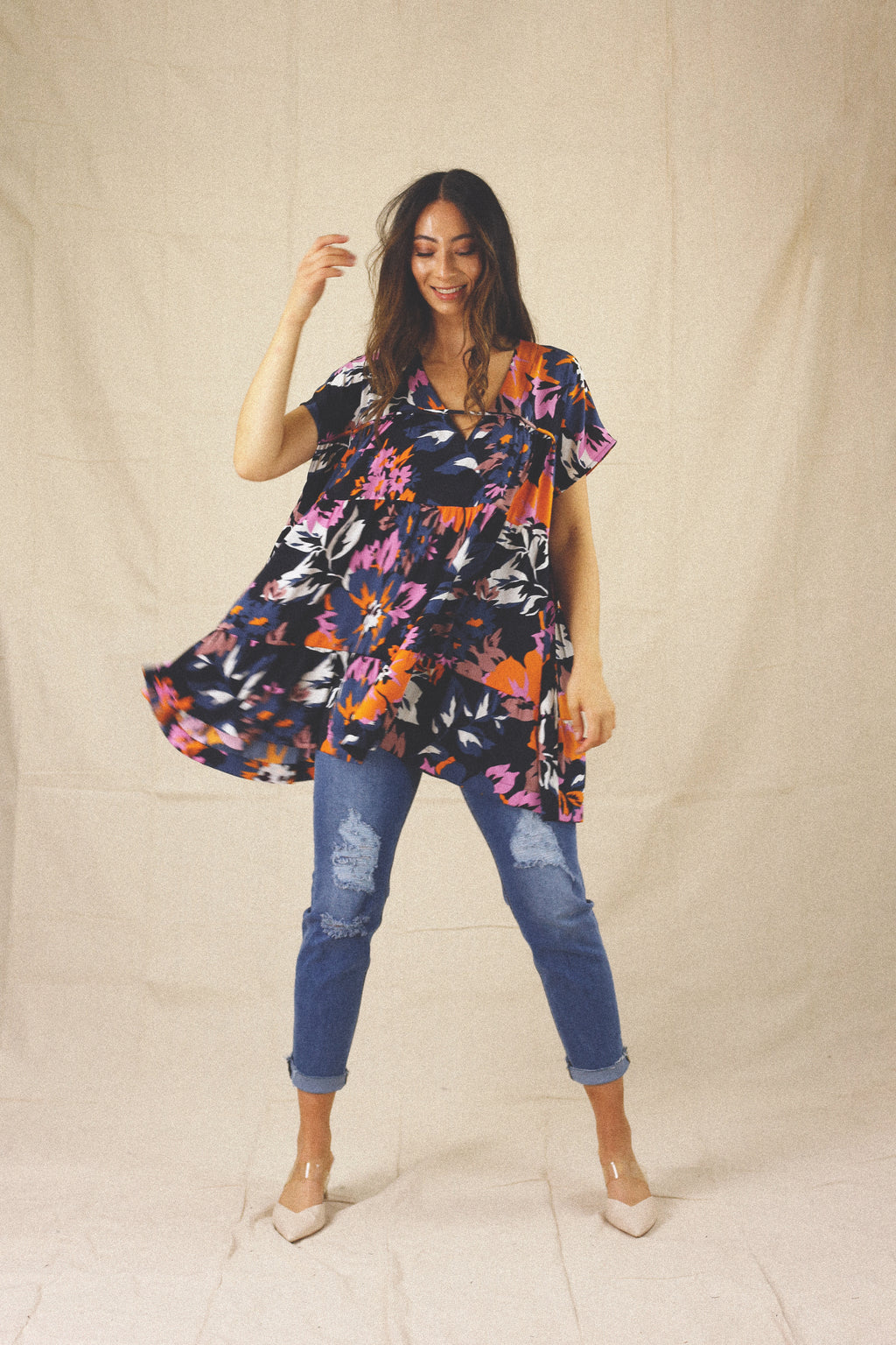 Neon Floral Seta Tiered Top - SALE