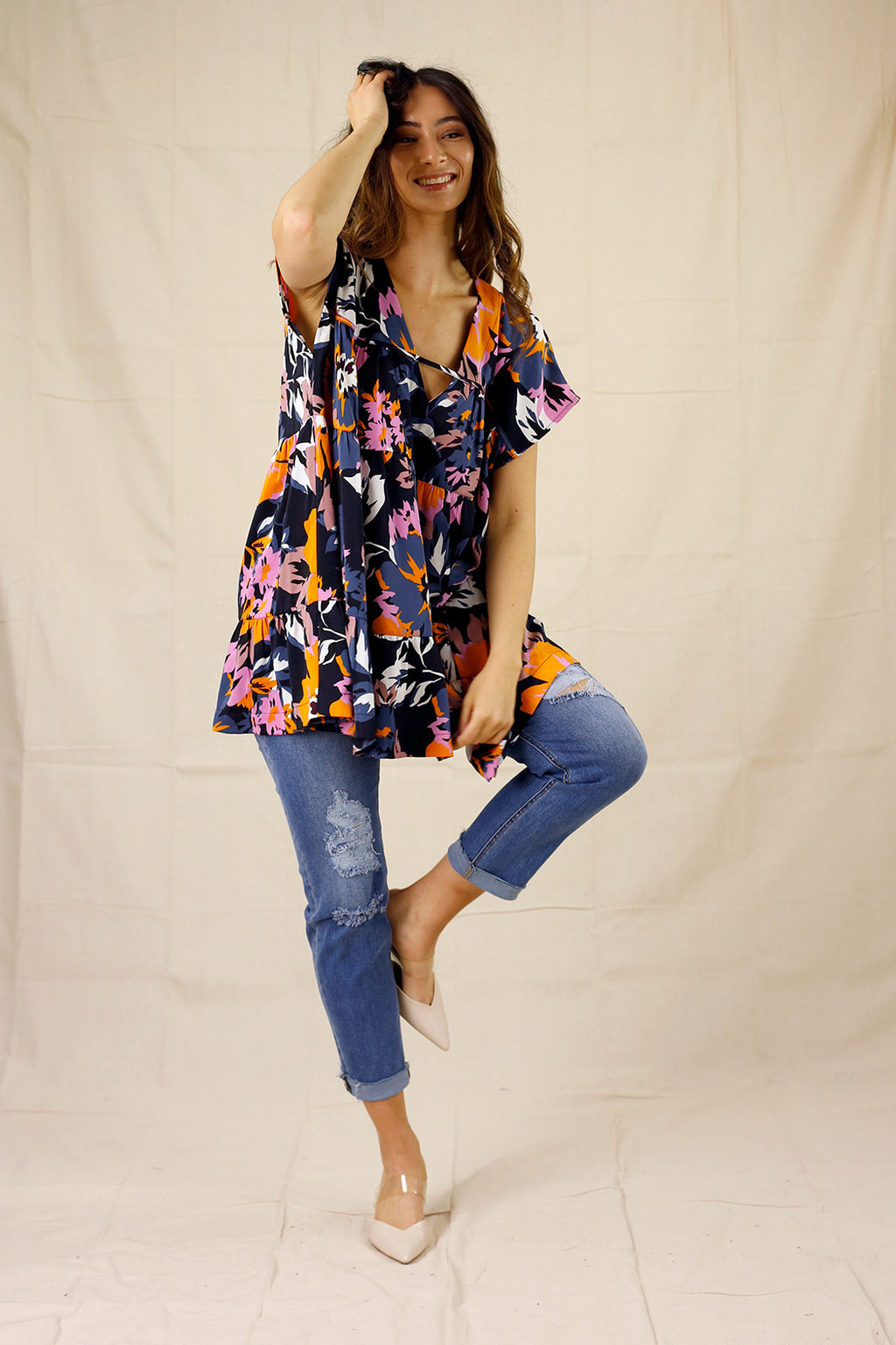 Neon Floral Seta Tiered Top - SALE