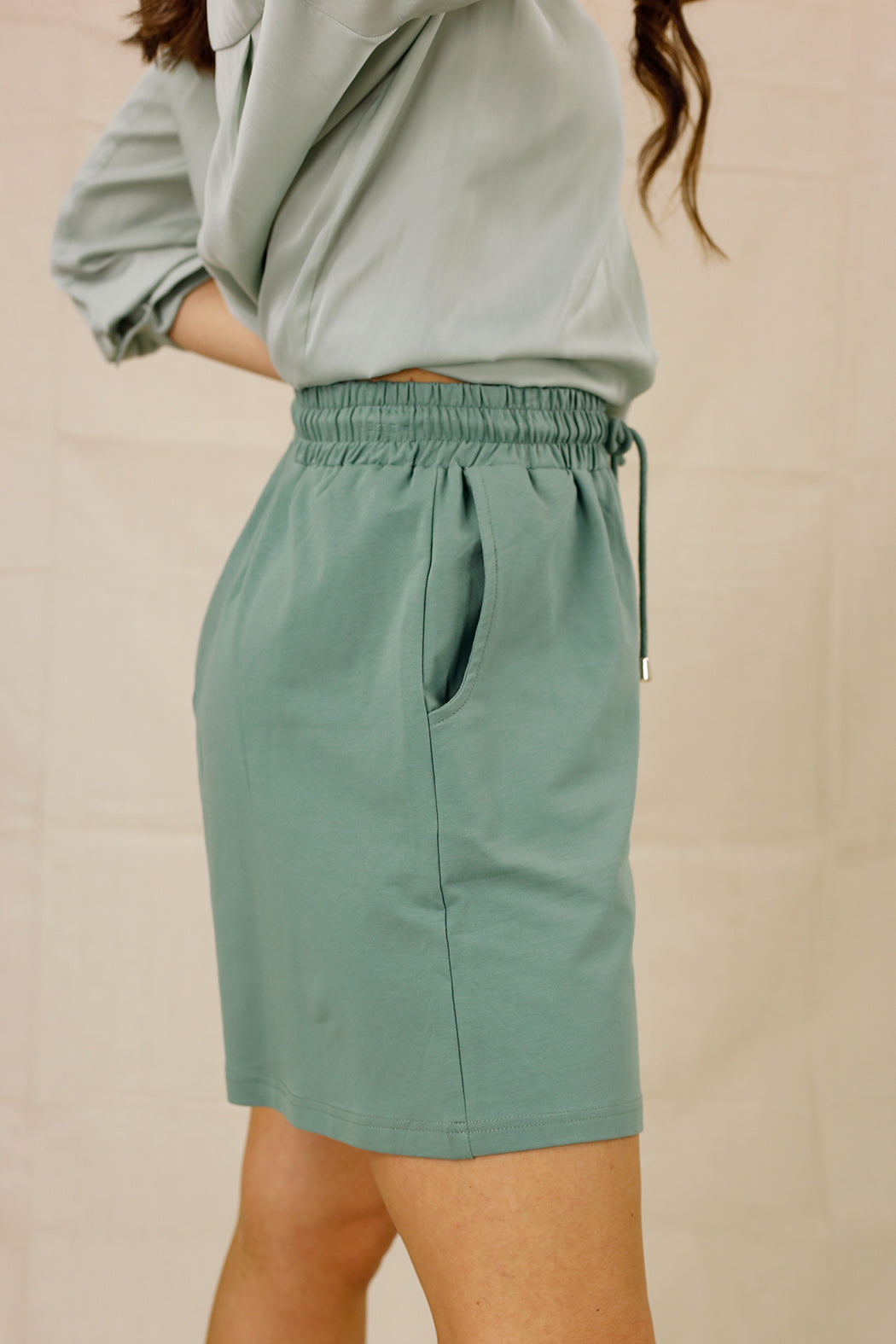 Effortless Avocado Boyfriend Short front view, relaxed fit, breathable nano‑cotton, waistband—versatile elevated essential.