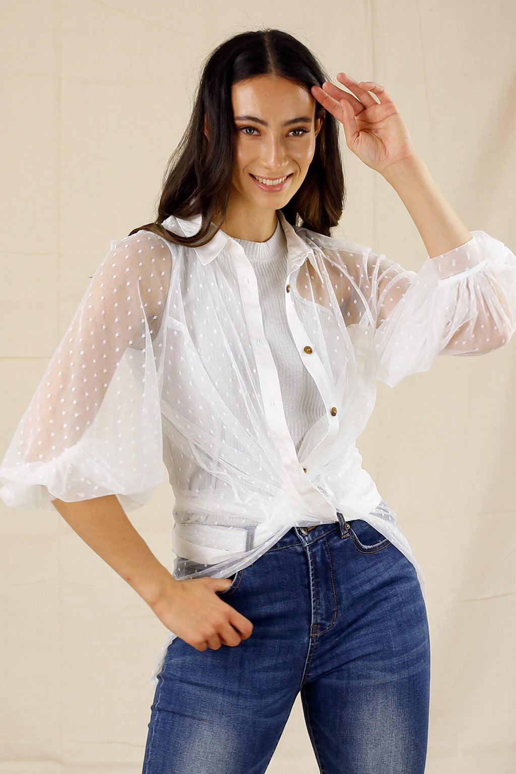 White Pinspot Mesh Maxi Shirt - SALE