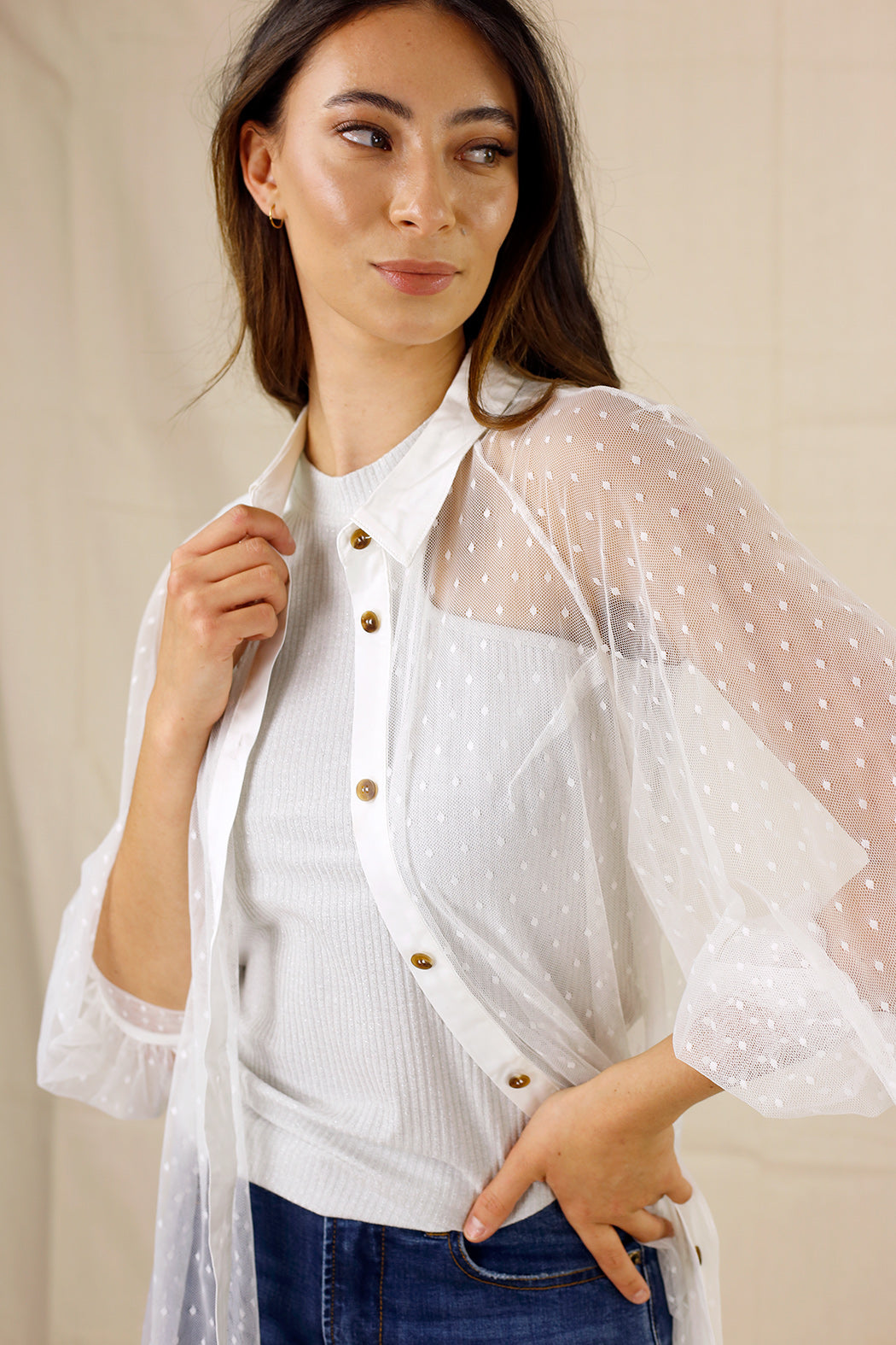 White Pinspot Mesh Maxi Shirt - SALE