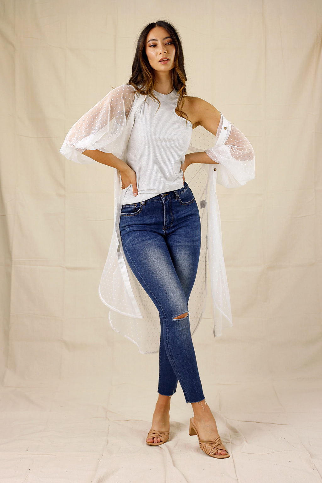 White Pinspot Mesh Maxi Shirt - SALE