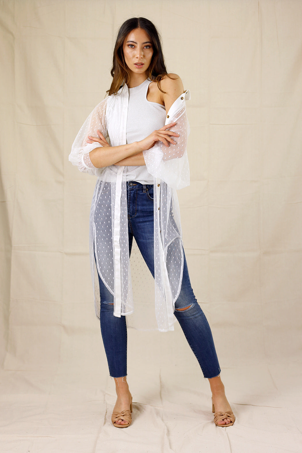 White Pinspot Mesh Maxi Shirt - SALE