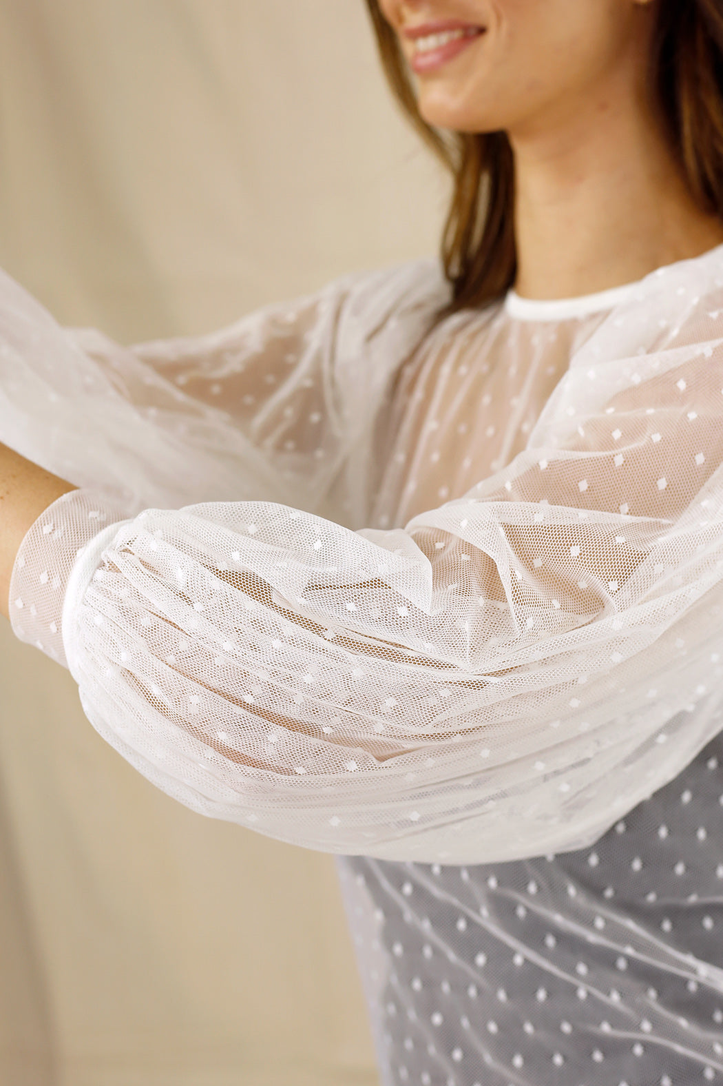 White Pinspot Mesh Puff Sleeve Top - SALE