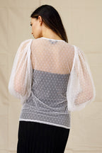 White Pinspot Mesh Puff Sleeve Top - SALE