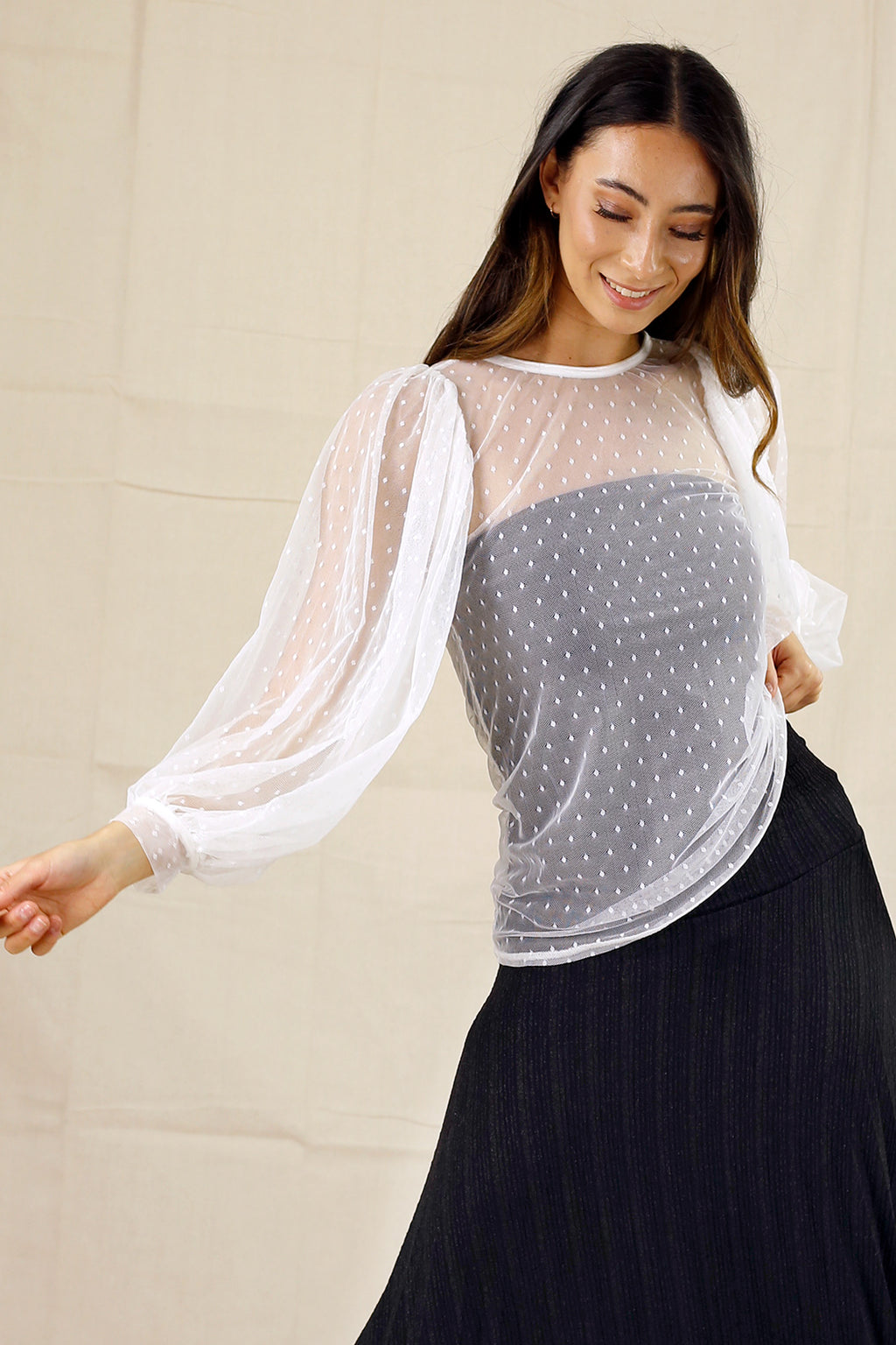 White Pinspot Mesh Puff Sleeve Top - SALE