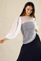 White Pinspot Mesh Puff Sleeve Top - SALE