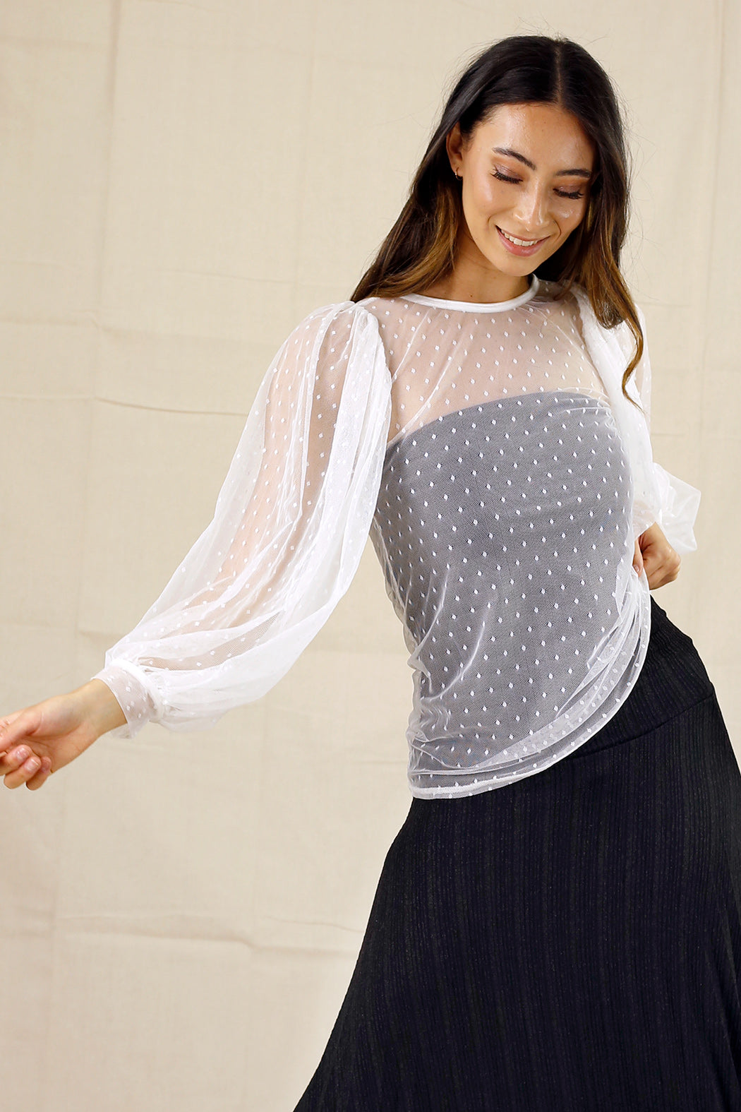 White Pinspot Mesh Puff Sleeve Top - SALE