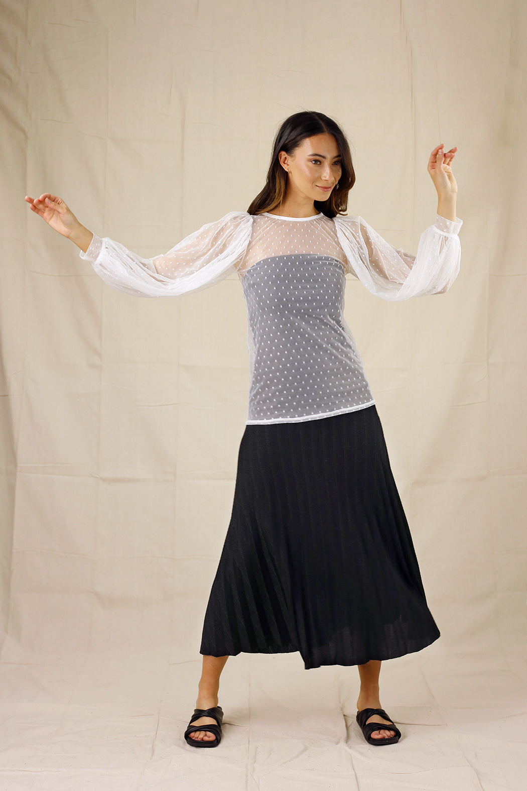 White Pinspot Mesh Puff Sleeve Top - SALE