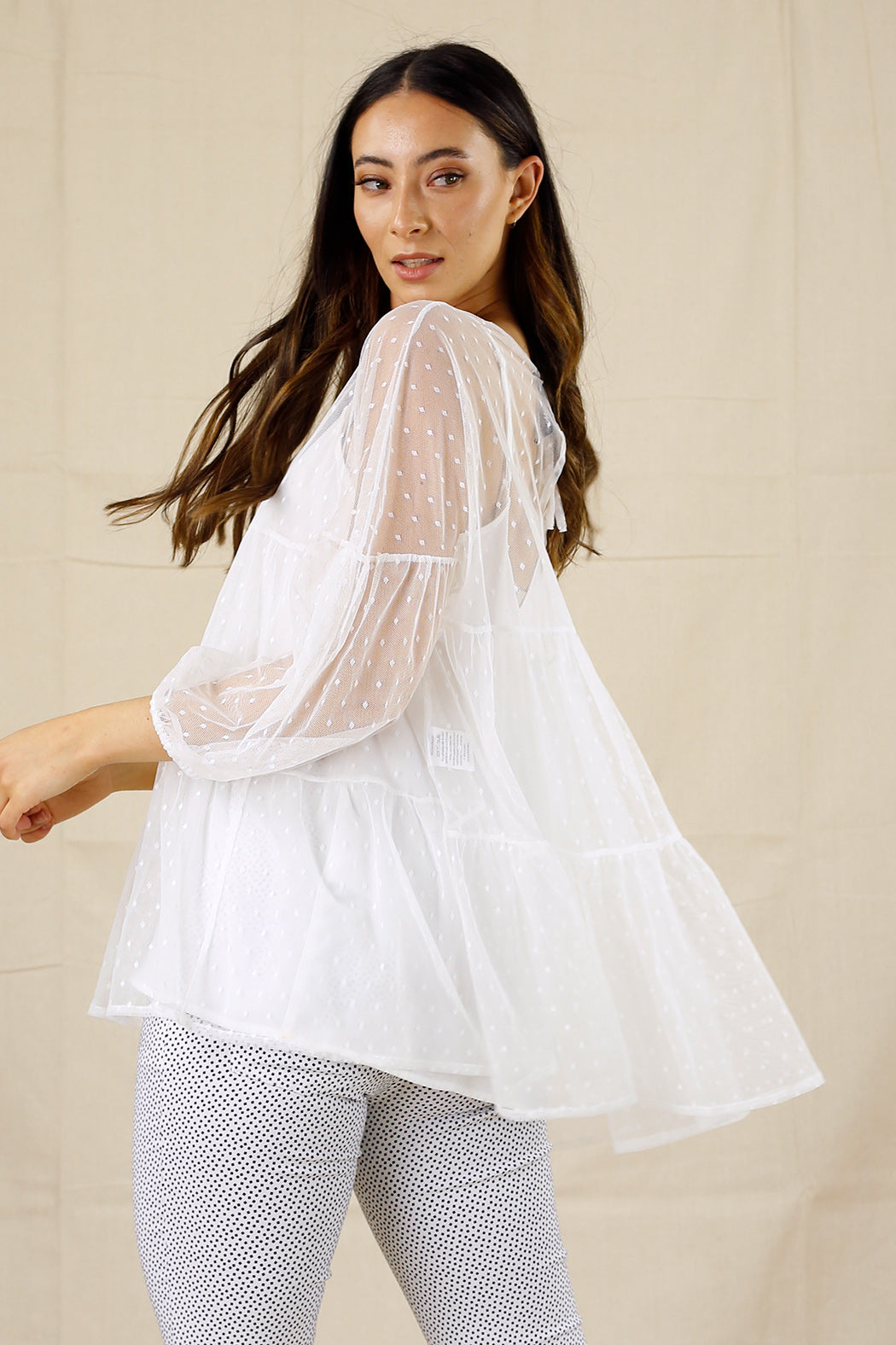 White Pinspot Tiered Mesh Top - SALE