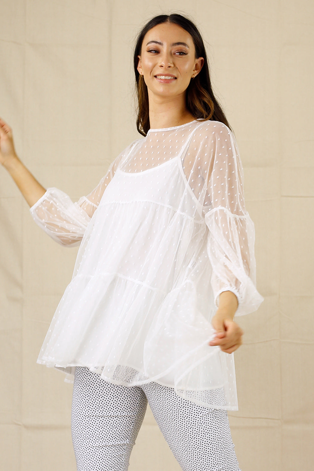 White Pinspot Tiered Mesh Top - SALE