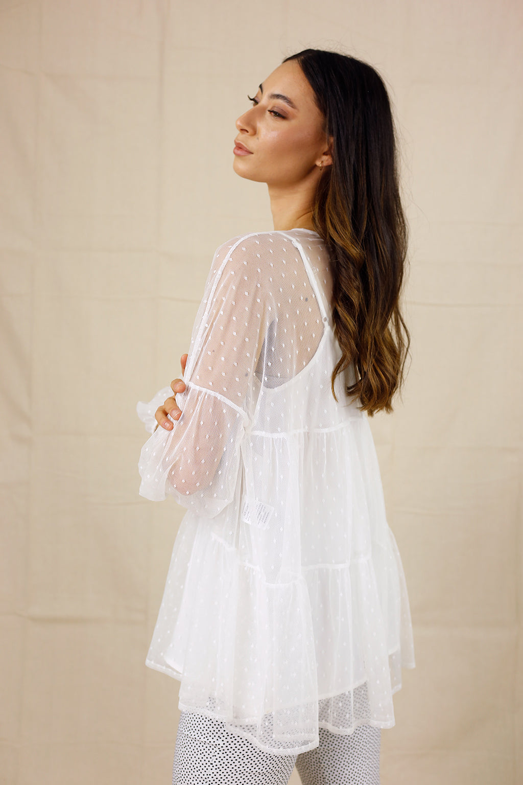 White Pinspot Tiered Mesh Top - SALE