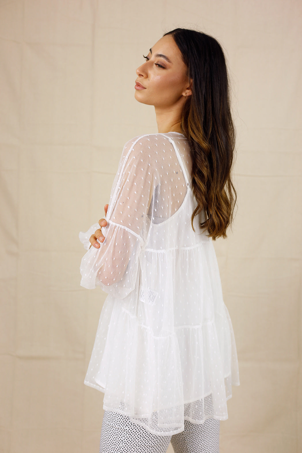White Pinspot Tiered Mesh Top - SALE